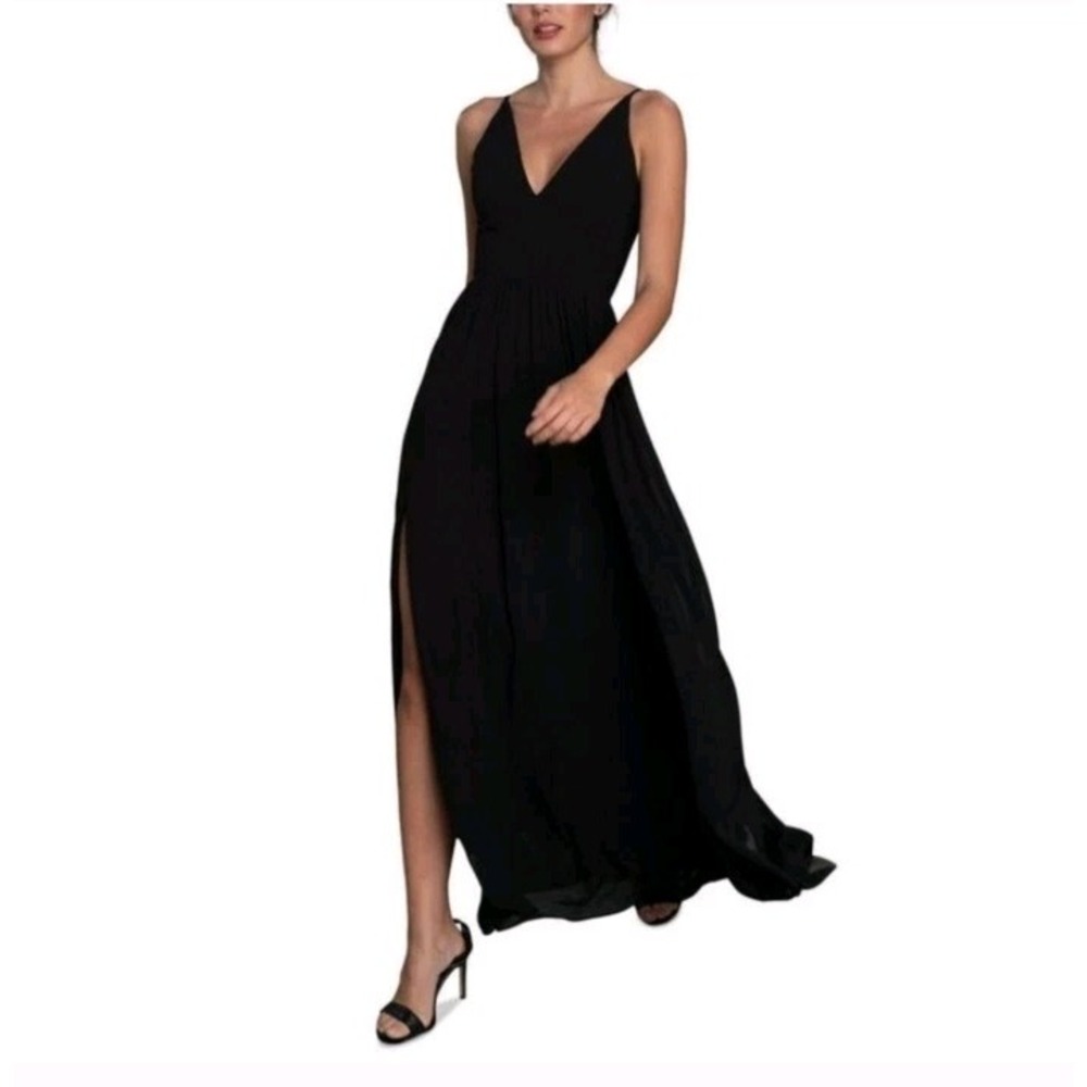 Dress The Population Womens Felicia Black V-Neck Fit & Flare Dress Evening Gown
